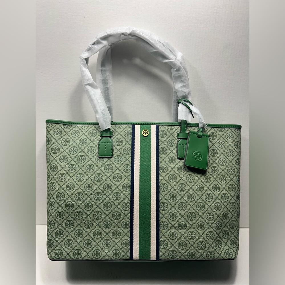 Tory Burch T Monogram Coated Canvas Tote Bag In Black MSRP $328